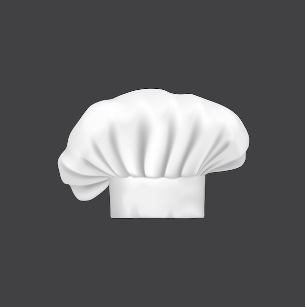 Cappello da chef realistico, berretto da cuoco e cappello da fornaio. ristorante o bar cucina lavoratore o costume plissettato copricapo o elemento uniforme, chef cappello bianco con pieghe 3d vettoriale mockup o icona di professione cuoco