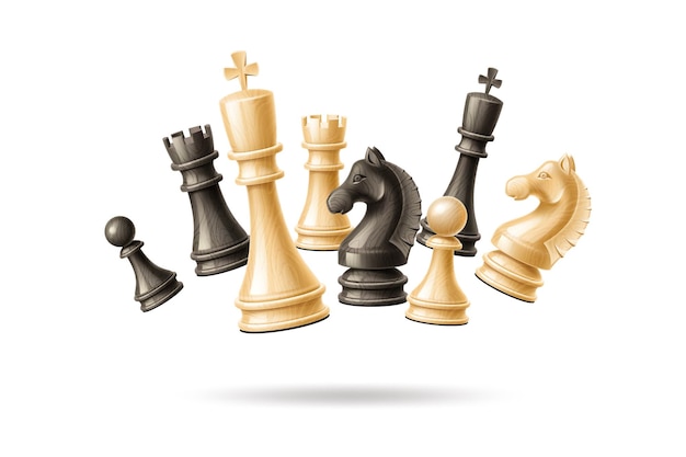 Realistic chess pieces jumping in group set