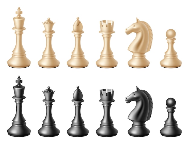 Set di pezzi degli scacchi realistici. re 3d, alfiere della regina e torre del cavallo del pegno isolata. figure di scacchi in bianco e nero per il gioco da tavolo strategico. simbolo di attività intellettuale per il tempo libero. illustrazione vettoriale