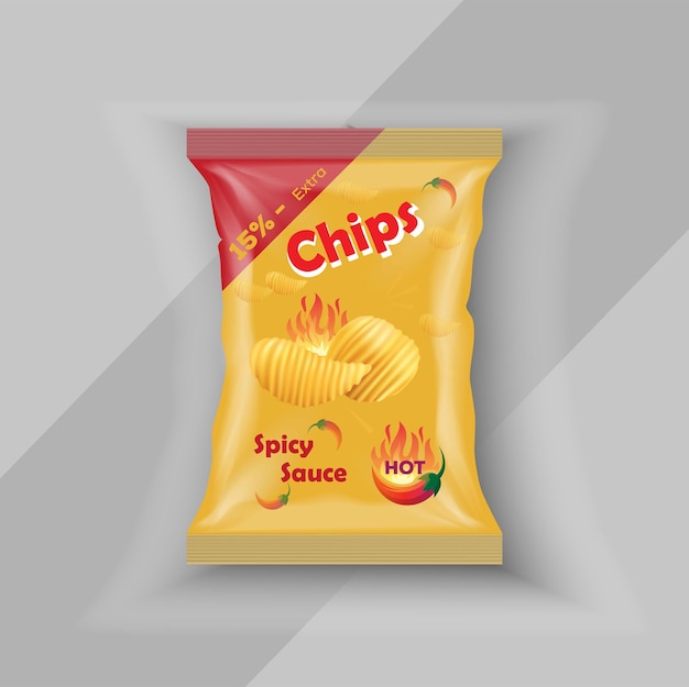 Vector realistic chips package with snack label isolated with shadows and highlights vector illustration.