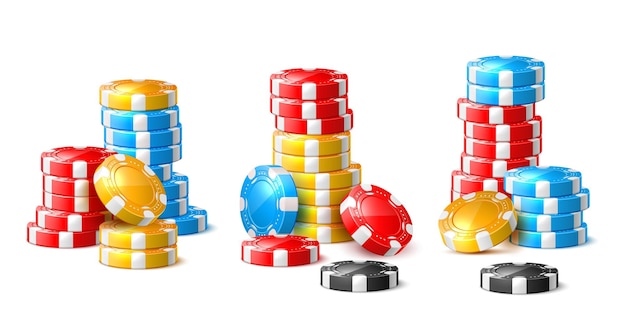 Vector realistic chips stacks colored round game tokens pile different colors elements poker gambling roulette betting accessories 3d isolated playing objects utter vector set