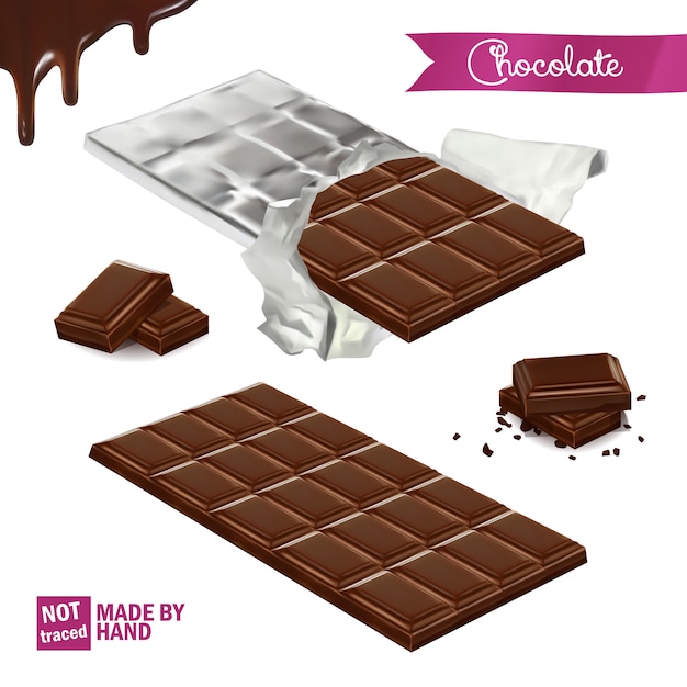 Реалистичная плитка шоколада, завернутая в фольгу. кусочки шоколада под разными углами. растопленный шоколад бесшовные