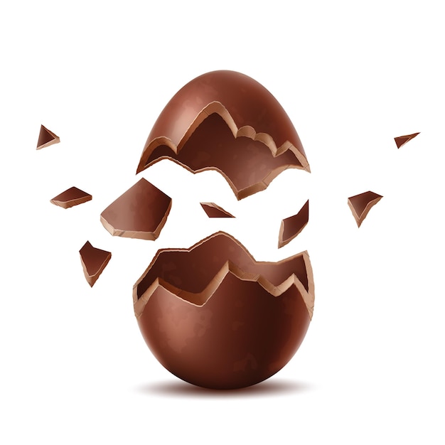 Uovo di cioccolato realistico. guscio d'uovo rotto ed esploso, due metà. uovo di pollo. simbolo di vacanza di pasqua