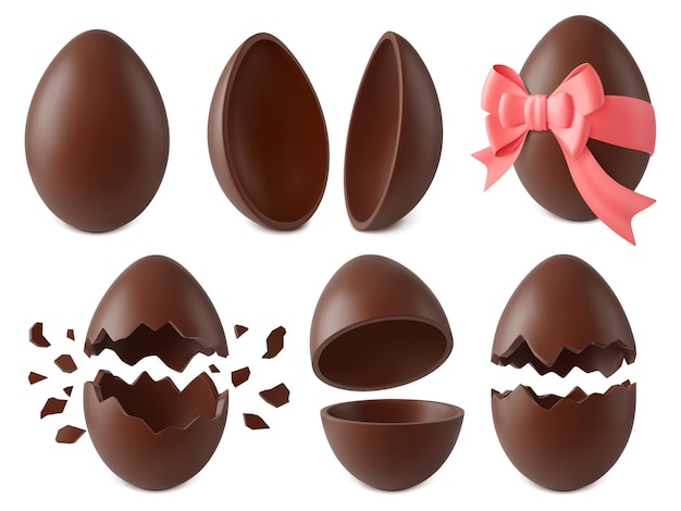 Вектор Реалистичные шоколадные яйца, разбитые конфеты, пасхальное сюрприз, более любезный сладкий праздничный подарок, пол-крек, 3d-элементы, яркие векторные какао-объекты.