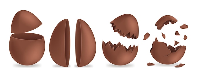 Realistic chocolate eggs broken halves and whole vector illustration isolated sweet easter holiday