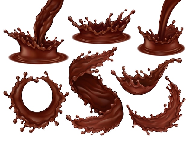 Realistic chocolate frosting splashes, streams and hot dark chocolate swirls. delicious desserts dynamic splashes and drops vector illustration set. liquid chocolate splashes