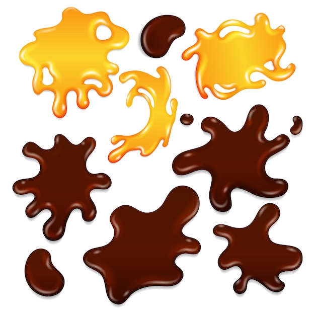 Realistic chocolate and honey drops and blots isolated