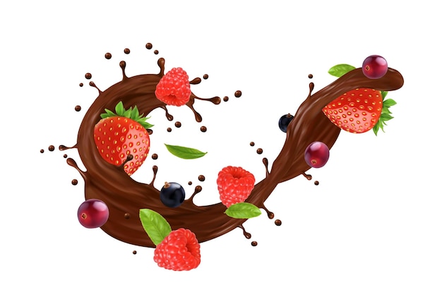 Realistic chocolate milk flow wave splash with berries and drops Isolated 3d vector choco wave stream dessert splatter with fresh strawberry raspberry black currant cranberry and green leaves