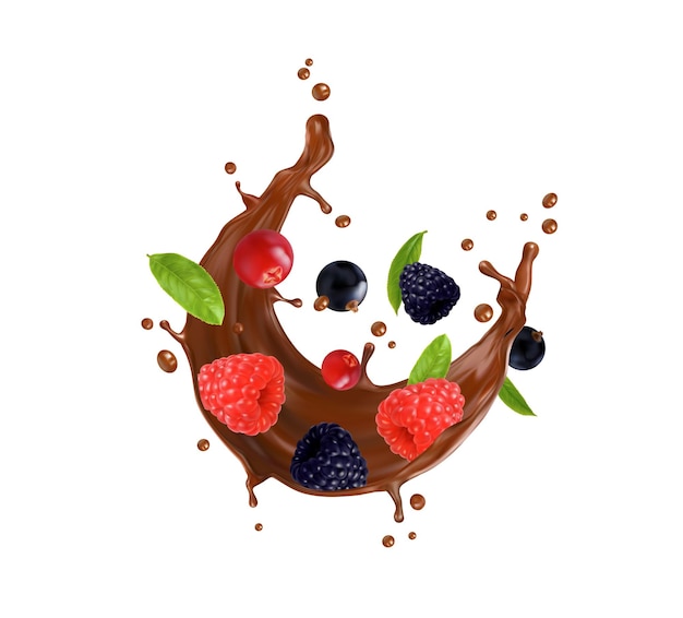 Realistic chocolate milk round splash with berries