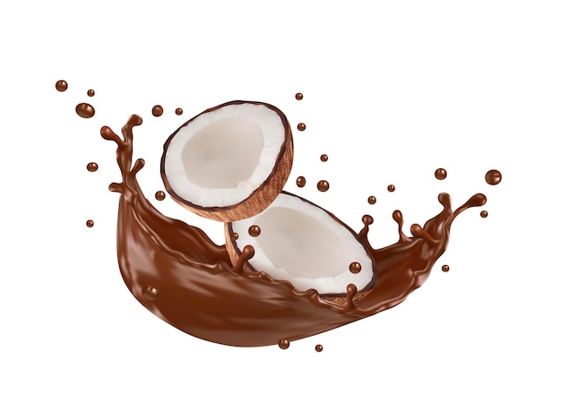 Realistic chocolate milk wave splash and coconut Isolated 3d vector coco nut halves with white ripe flesh and brown liquid splashing and drops Tropical plant with sweet melt cocoa natural product