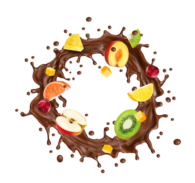 Realistic chocolate milk wave splash with fruits