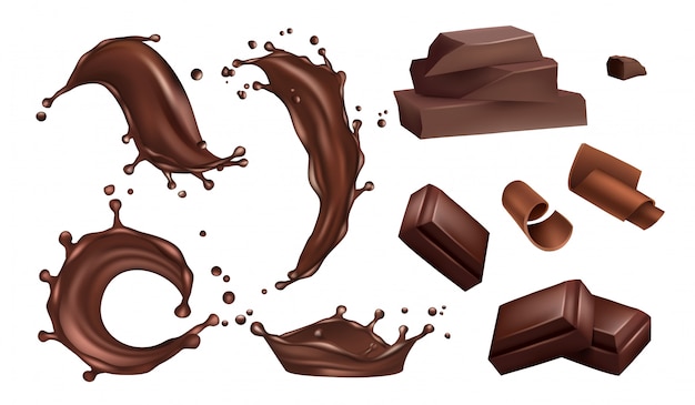 Realistic chocolate splashes, flows and bars   on white background