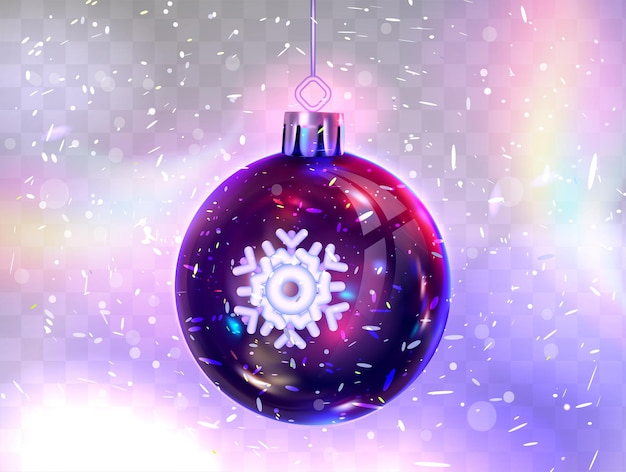 Realistic christmas ball with snowflake on transparent background with confetti vector eps 10