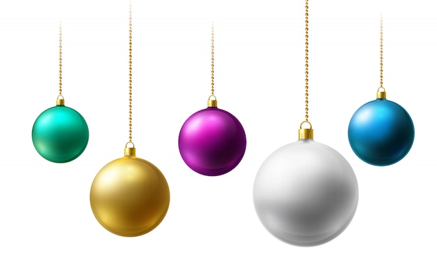 Realistic   Christmas balls hanging on gold beads chains on white  background.