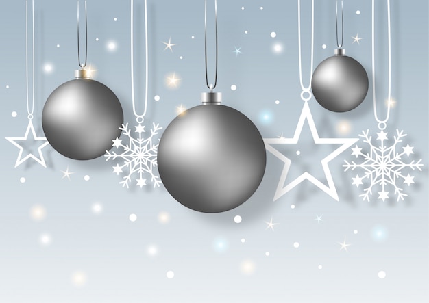 Vector realistic christmas balls with snowflakes and stars hanging on the ribbon