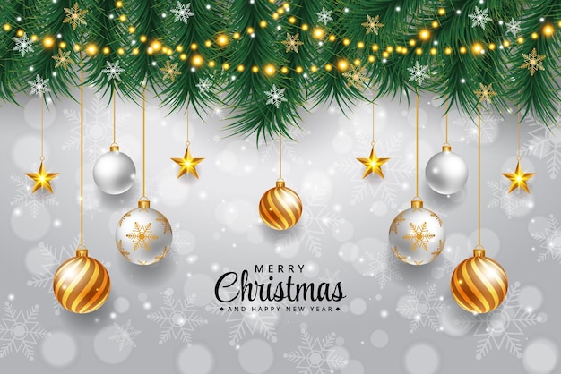 Realistic christmas border gradient background banner with golden christmas balls and decorations