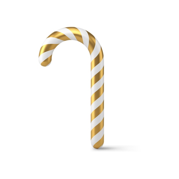 Vector realistic christmas candy cane twisted striped ornamental festive sweet delicious vector illustration. bright metallic golden xmas decorative toy spruce design greeting stick winter holiday isolated