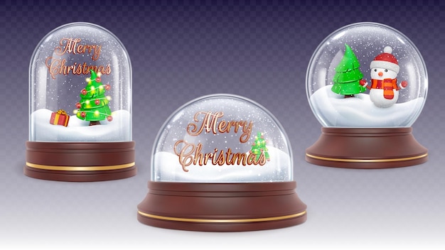 Realistic christmas crystal snow ball globe with 3d snowman and xmas tree Glass dome cylinder with snowfall Pithy transparent vector decorations of realistic snow glass christmas illustration