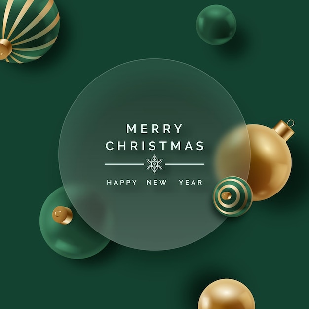 Realistic christmas decor with christmas balls on green background concept with glassmorphism effect