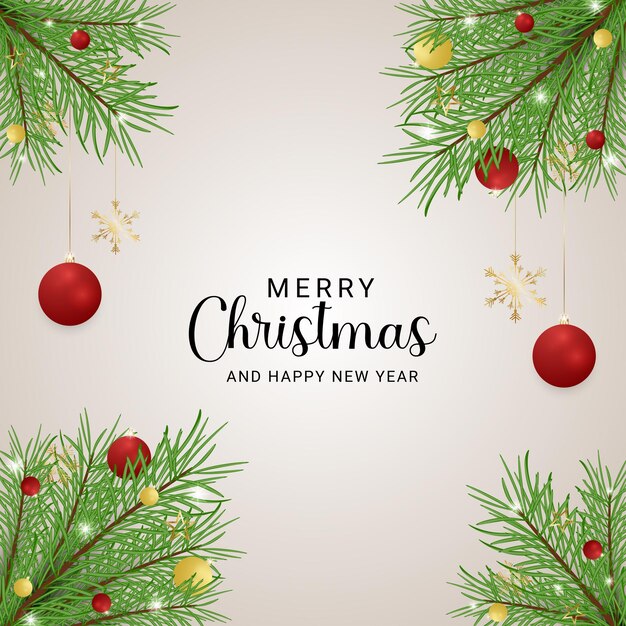 Vector realistic christmas green leaf social media post with red and golden balls with lights and a white background with snowflakes