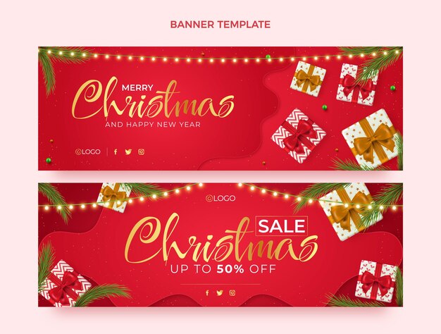 Realistic christmas horizontal banners set