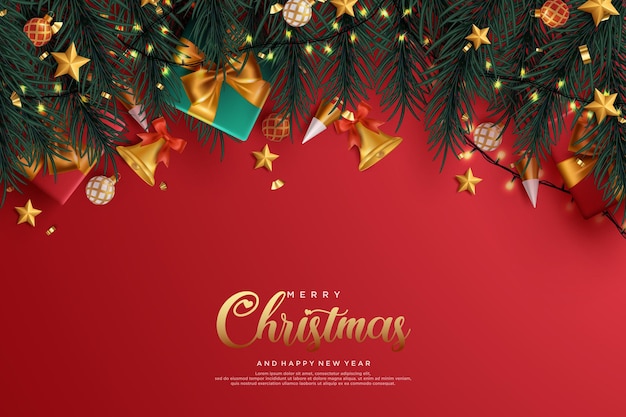 Realistic christmas and new year greeting cards with gifts and branches