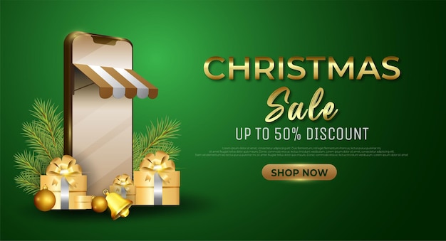 Realistic christmas sale banner on green background