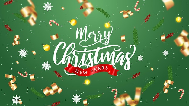 Realistic christmas sale banner template with green and golden decoration