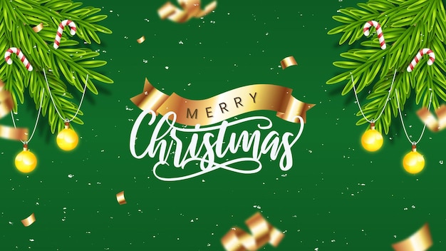 Realistic christmas sale banner template with green and golden decoration