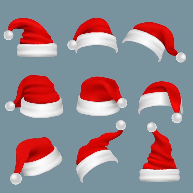 Realistic christmas santa claus red hats isolated vector set. Santa claus cap to xmas holiday celebration illustration