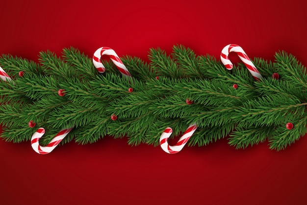 ボールやキャンディーで飾られた現実的なクリスマス ツリーの枝休日の背景