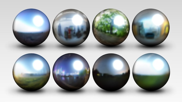 Vector realistic chrome ball set with blurred hdri vector illustration