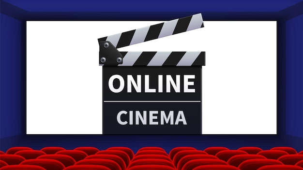 Realistic cinema. movie theater interior, online film screen. red chairs and movie clapper vector illustration. movie cinema interior, realistic online premiere