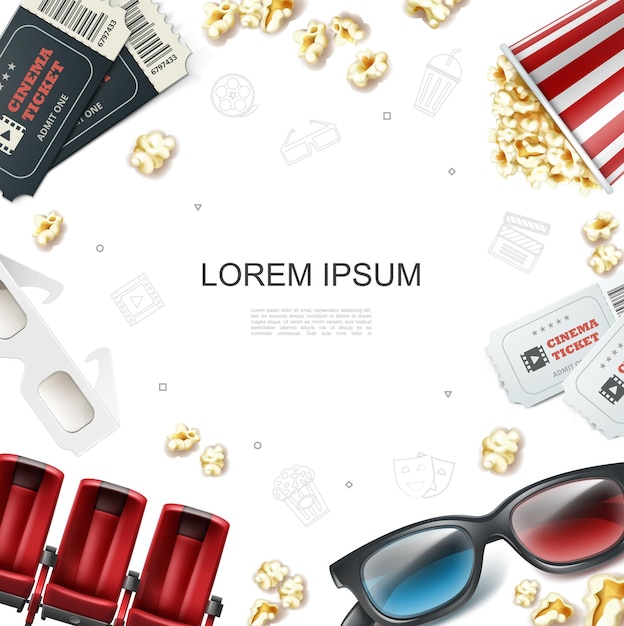 Realistic cinema template with tickets red seats 3d eyeglasses and popcorn in striped bucket box illustration