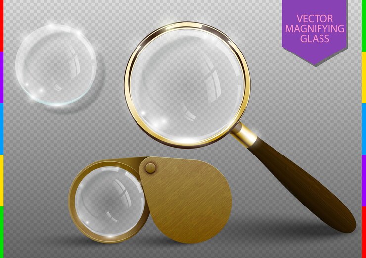 Vector realistic classic retro magnifying glass set. vector magnifier lens tool. wooden handle and golden rim isolated on transparent background. optical device research, exploration. instrument to magnify.
