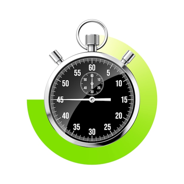 ベクトル 現実的な古典的なストップウォッチダイヤル付き光沢のある金属クロノメーター黒時間カウンター分秒を示す緑のカウントダウン タイマースポーツの開始と終了の時間測定ベクトル図