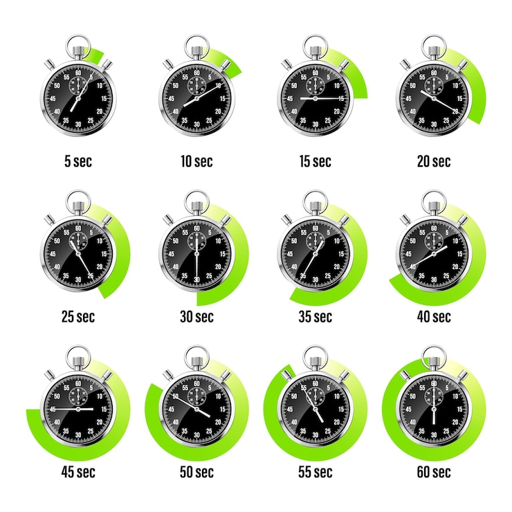 Vector realistic classic stopwatch shiny metal chronometer black time counter with dial green countdown
