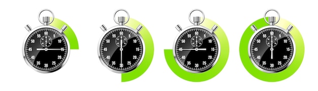 Vector realistic classic stopwatch shiny metal chronometer black time counter with dial green countdown
