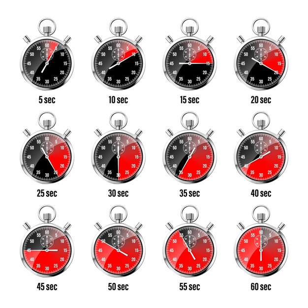 Realistic classic stopwatch shiny metal chronometer time counter with dial red countdown timer showing minutes and seconds time measurement for sport start and finish vector illustration