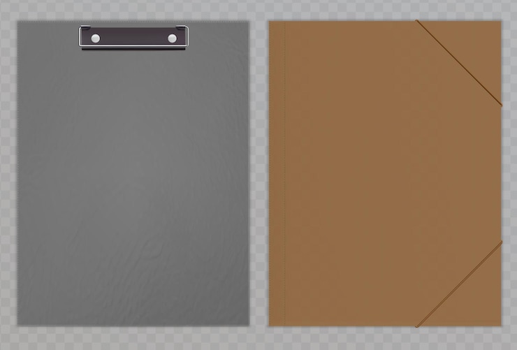 Vector realistic clipboard, plastic folder. textured elements. set of office supplies to keep documents. stationery collection. vector illustration