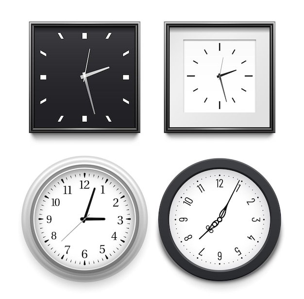 Realistic clock for wall interior clock face collection vector clock dial and watch collection black classic clockwork hour time mechanical illustration