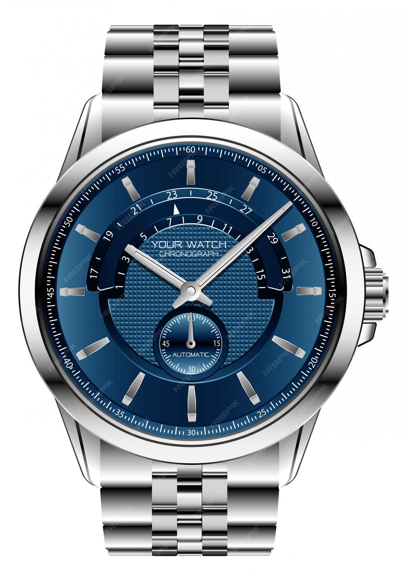 Premium Vector | Realistic clock watch chronograph blue silver steel luxury