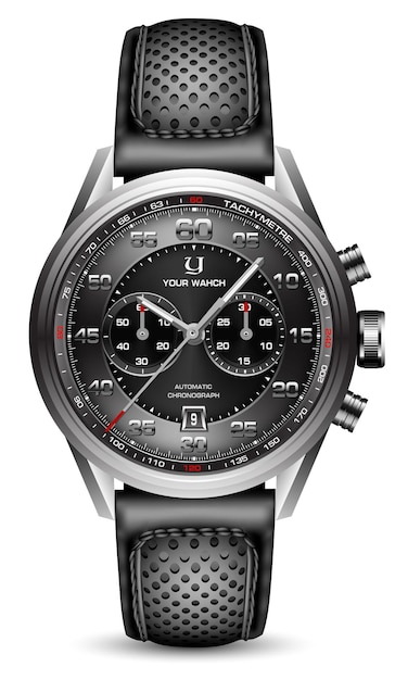 Vector realistic clock watch sport chronograph black silver red steel for men luxury on white background