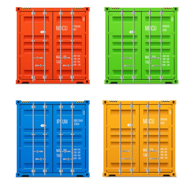 Realistic closed cargo containers. frontal view. vector set