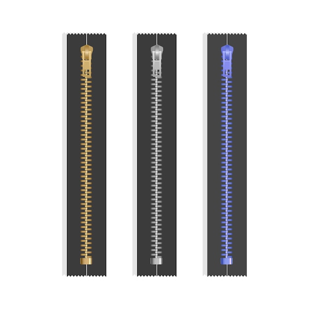 Vector realistic closed zip pullers. metallic zippers. garment components zippered fabric accessories