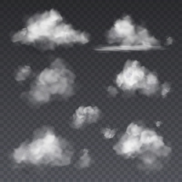 Realistic cloud. White clouds fluffy sky fog frame isolated on transparent background   set