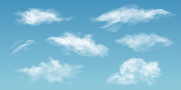 Realistic clouds White 3d summer cloud in various shapes on blue sky background Vapor rainclouds noon mist clouding isolated vector set