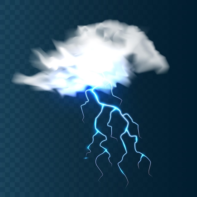 Realistic clouds with lightning on blue background thunderstorm and lightning bolt sparks of light