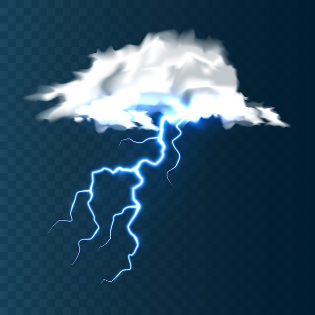 Vector realistic clouds with lightning on blue background thunderstorm and lightning bolt sparks of light