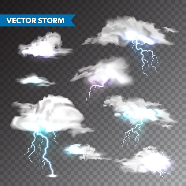 ベクトル 透明な背景の雷と雷の火花に照らされた現実的な雲